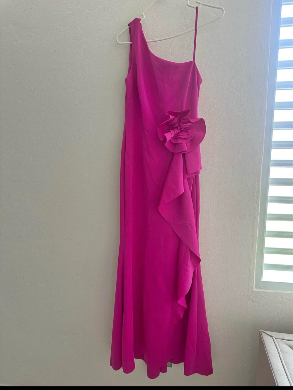 Jessica Howard One-Shoulder Hot Pink Evening Dress with Floral Ruffle